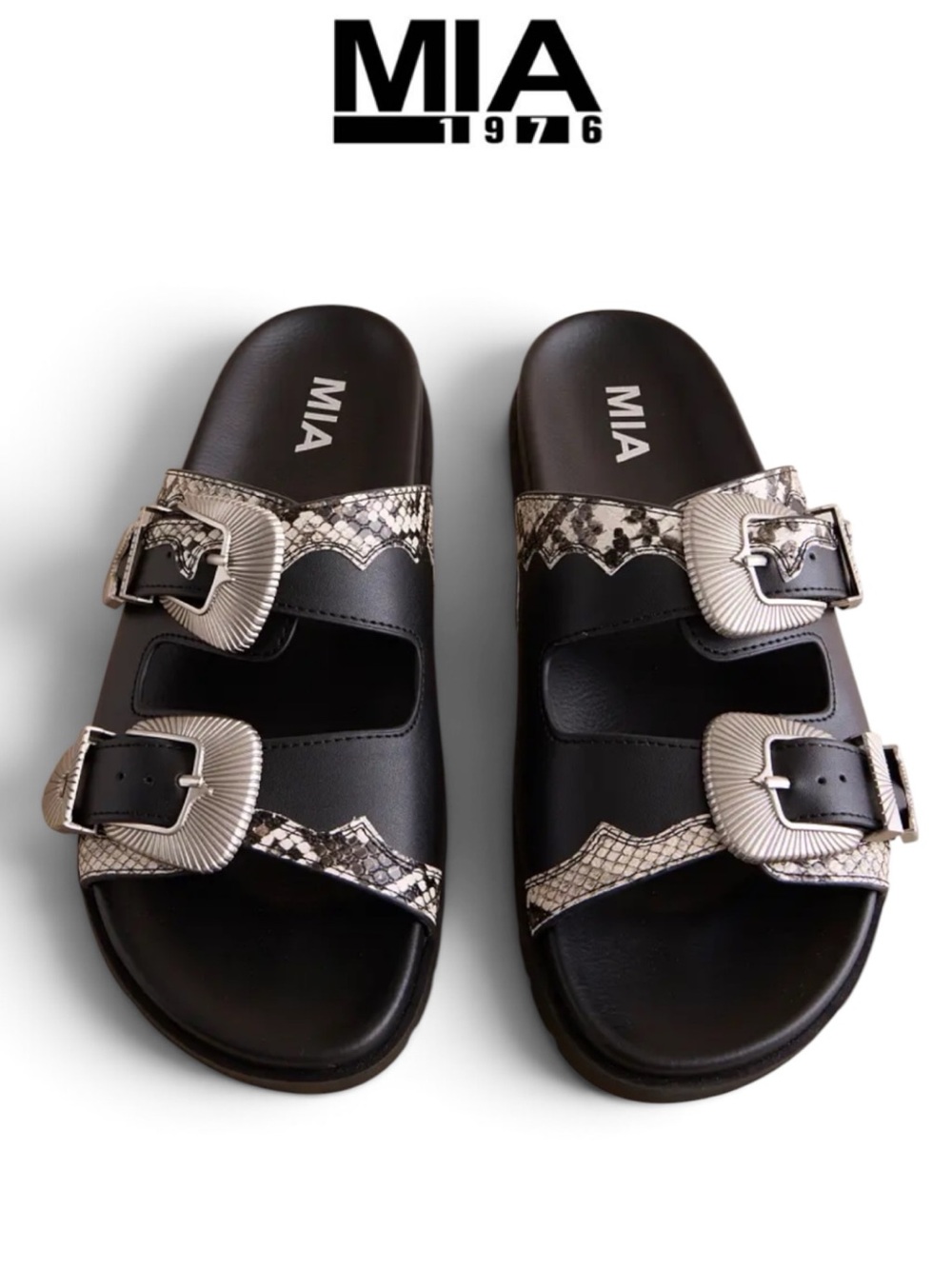 NWT MIA TIBBY SNAKE PRINT BLACK BUCKLE SLIDE SANDALS WESTERN BOHO SIZE 7.5
